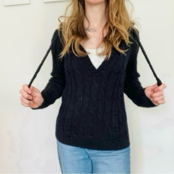 Vintage Black Y2K Cable Knit Hoodie Sweater Project Braided Strand V Neck Grunge - Picture 2 of 11